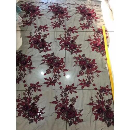 3d flower French Lace Fabric with beads and stone High Quality BZL-71003 Embroidered Tulle Lace Fabric wine color For Wedding