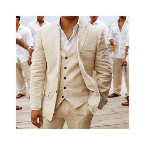 Classic Beige Linen Beach Men Suits Wedding Suits 3 Piece Custom Groom Best Man Prom Party Tuxedo Set Slim Fit Jacket Vest Pants