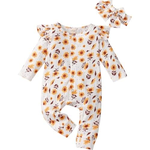 2021 0-24M Infant Baby Girl Romper Cute Floral Print Round Neck Long Sleeve Cotton Jumpsuit Spring Fall Outfit