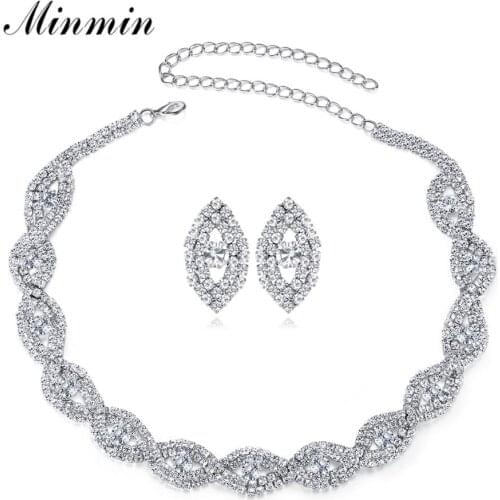 Minmin Silver Color Crystal Wedding Bridal Necklace Earrings Set Luxury Teardrop Engagement Jewelry Set Party Accessories MTL601