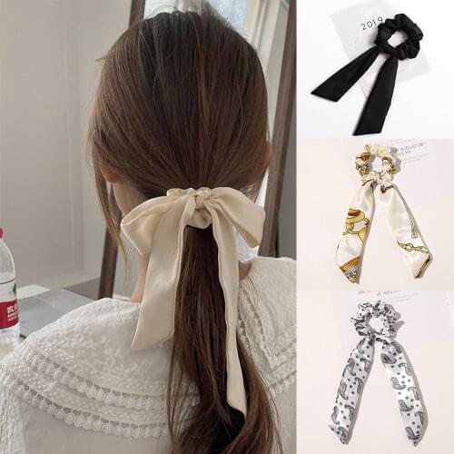 Print Bow Satin Long Ribbon Hairbands Scrunchies Ponytail Scarf Headband Women Elastic Hair Bands Tie Girls Hair Accessories