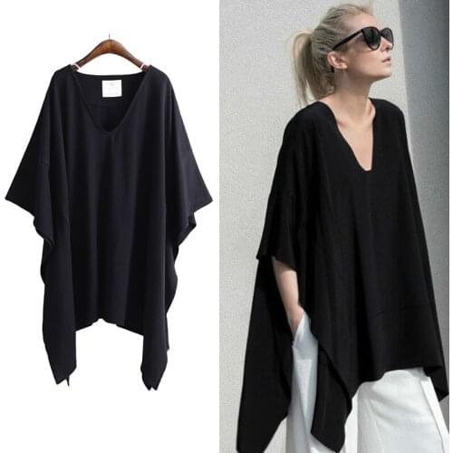 Luoyifxiong 2021 Plus Size Summer Womens Tops and Blouses V-neck Bat Sleeve Blusas Mujer Loose Casual Irregular Hem Women Shirts