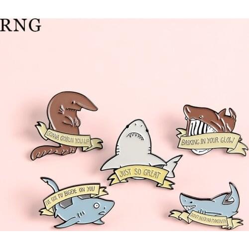 Wild animal shark Metal Enamel Pin fierce expression fangs yellow letter silk backpack badge Jewelry Brooch childrens gift