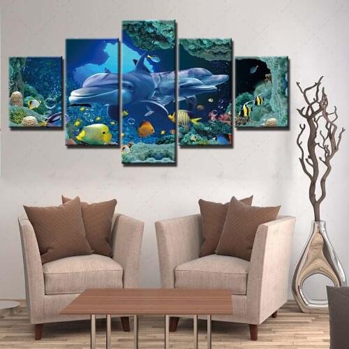 Modular Hd Prints Animal Pictures Dolphin Paintings Home Decoration 5 Panel Canvas Poster Wall Artwork For Living Room Framework