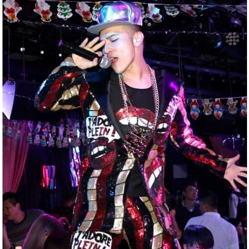 Male singer DJ Gd Flaming Lips Paillette long design Jacket outwear Nigtclub stage performance wear