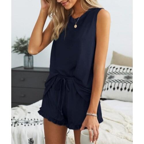 Summer New Products Ladies Round Neck Wu Xiuping Pullover Solid Color Top High Waist Drawstring Ruffle Shorts Casual Home Set