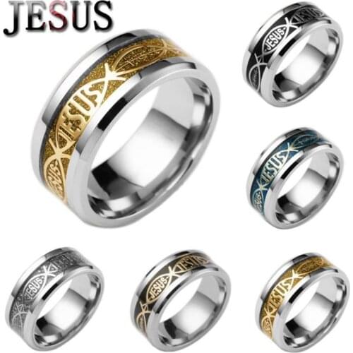Jesus Gold Color Stainless Steel Jewelry Mosaic Letter Jesus Wedding Ring Romantic Valentines Day Anniversary Gift for Couple