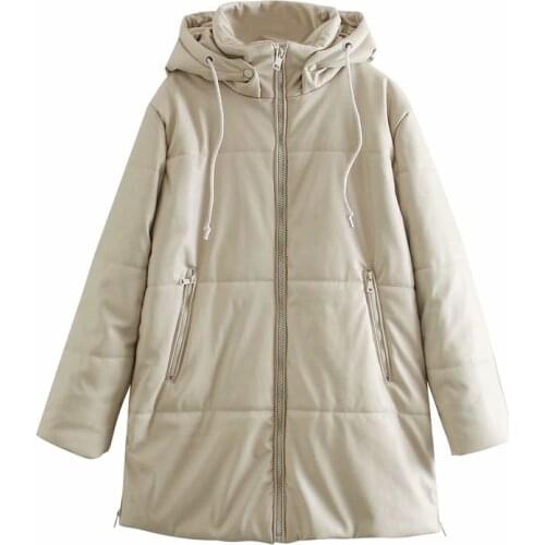 ZXQJ Women 2021 Fashion Thick Warm Winter Faux Leather Parkas Coat Vintage Hooded Long Sleeve Female Outerwear Chic Overcoat