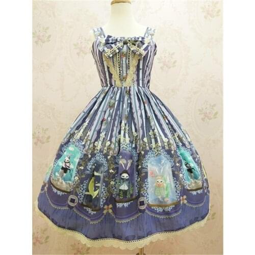 Lolita Jumper Skirt Dress Bows and Lace Flowers and Crystal Rabbit Printed Sleeveless Lolita Dress