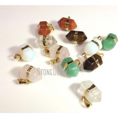 H-RQP112 Pillar Crystal Charm Mix Nugget Stone Clear Rose Quartzs Pendant with Gold or Silver Layered Edging Approx 22mm x 12mm