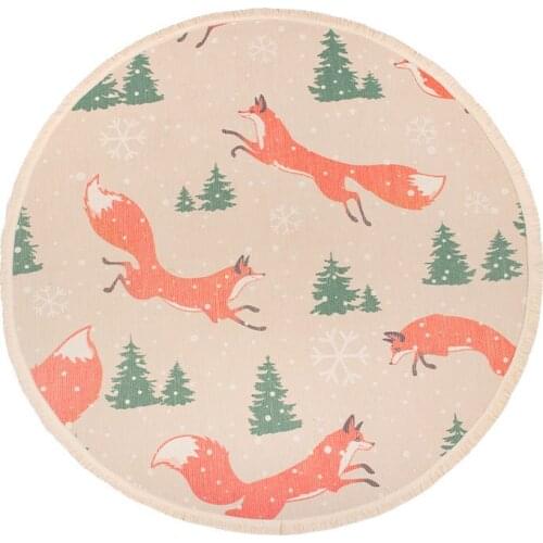Merry Christmas Floor Carpet Round Area Rug Reindeer Fox Pattern Carpet for Christmas Home Holiday Party Decoration