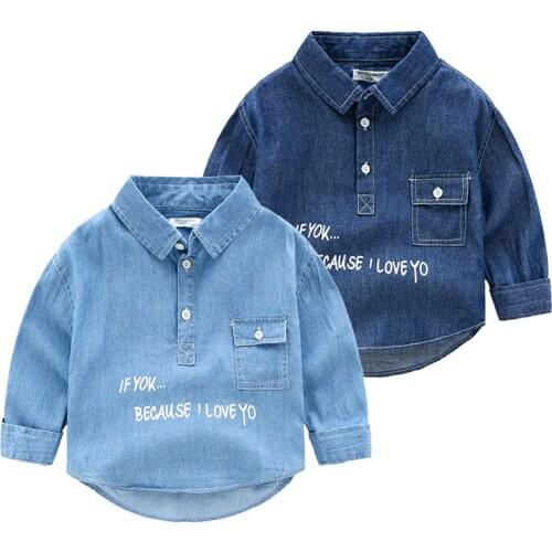 Fashion Boys Shirts Childrens Clothes Denim Shirt Toddler Casual Pullover Letter Long Sleeve Denim Shirt For Kids 2-6 Year Old