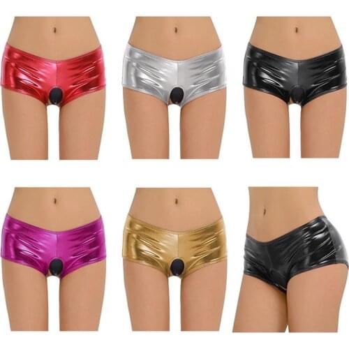 Sexy latex shorts women Open Crotch Underwear Sexy Pants Clubwear Panties Leather Bodycon Elastic Costume Tanga Shorts Erotic