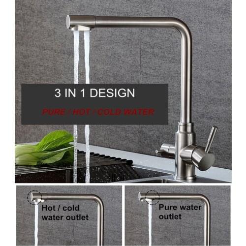 Stainless Steel 304 Three-in-One Kitchen Water Faucet Hot and Cold Tap with Filter Direct Drinking Faucet with Two Handle Switch