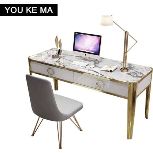 Post-modern desk simple student computer desk integrated home writing desk super luxury titanium stainless steel marble