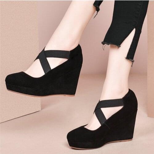 Mary Jane Shoes Women Ankle Cross Strap Genuine Leather High Heel Pumps Shoes Female Platform Wedges Ankle Boots Casual Shoes