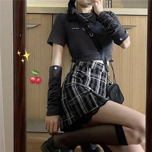 Punk style hot girl plaid lace skirt women streetwear Harajuku high waist sexy mini skirt y2k vintage casual gothic A-line skirt