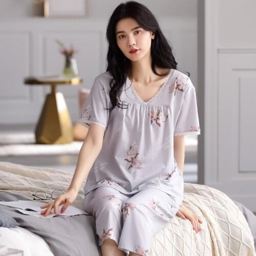 Pijama Mujer New 2021 Print Large Size Pajamas For Women Modal Cotton Sleepwear Set Loose Short Sleeve Summer Homewear Pyjamas
