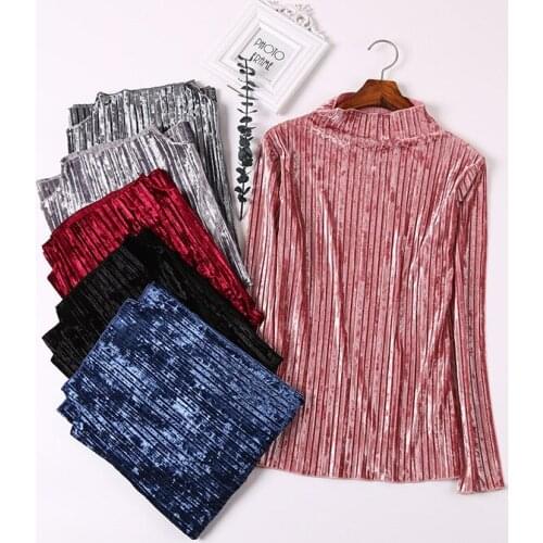 New Spring Autumn Fashion Thin Pleuche T-Shirts Vintage Pleated Full Sleeve T-Shirt Women All-Match Velour Pullover Tops Tee 399