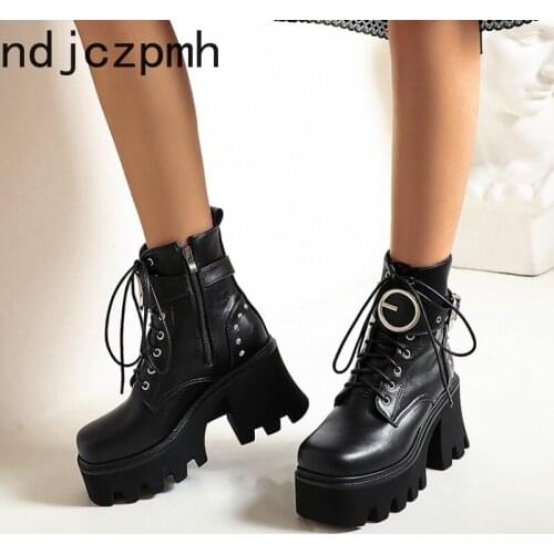 Design Female Chunky High Heels Ankle Boots Fashion Zip Lace-up High Platform Boots Women Street Punk Shoes Woman Plus Size35-44