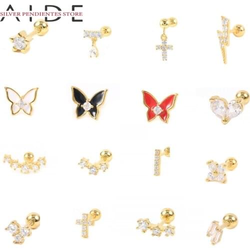 AIDE 1PCS Mini Square Diamond Thread Pierced Earrings Women 925 Sterling Silver Butterfly Stud Earrings fine Jewelry Oorbellen