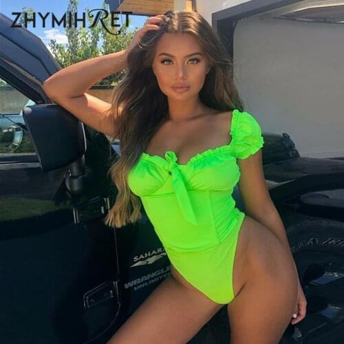 ZHYMIHRET 2020 Autumn neon color Bow Front Bodysuit Women Square Collar Sexy Lettuce Edge Jumpsuit Women Skinny Ruched Rompers