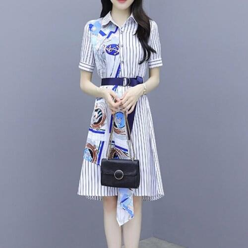 2021 Summer New Fashion Striped Patchwork Dresses Sashes Women Waist Thin Temperament Elegant A-line Printed Dress Vestidos