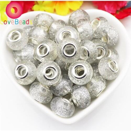 10Pcs/Lot New White Color Glitter Large Hole Rondelle European Beads Silver Plated Cores Fit Pandora Bracelet Jewelry Women DIY