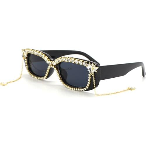 2021 Fashion Gold Rhinestones UV400 Protection Sunglasses Special Designed Rectangular Gold Chain Ornamentation Spectacle Frame