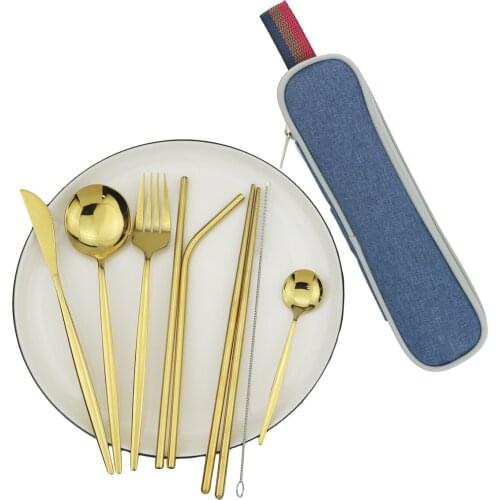 9pcs/Set Travel Cutlery Set Portable Gold Dinnerware Set Stainless Steel Tableware Set With Metal Straw Brush Chopsticks Bag