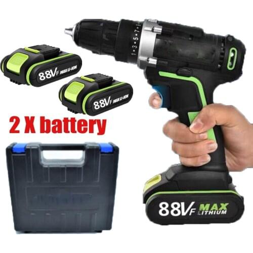 88VF MAX Cordless Drill 2 Batteries Electric Screwdriver 2 Speed Impact Drill Power Driver LED Light Electric Drill