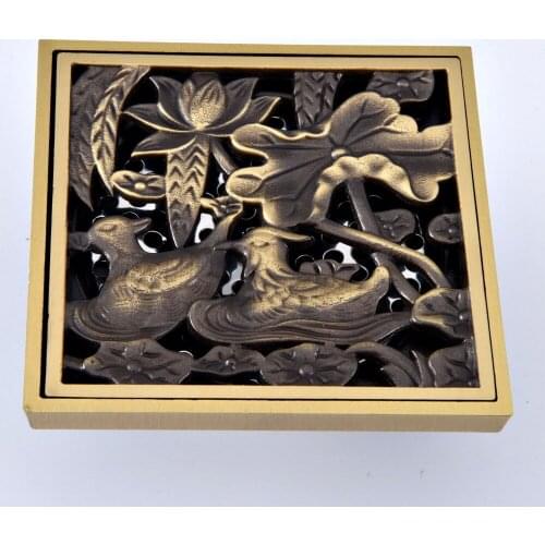 Antique Brass Vintage Retro Carved Flower Pattern Bathroom Shower Drain 4" Square Floor Drain Waste Grates ahr075