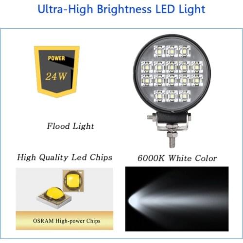 Car LED Bar Worklight 24W 10-30V Round Flood Light Off road 6000K Super Bright LED work light For Car Truck SUV