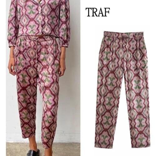 TRAF Za Womens Pants Summer 2021 Vintage Print High Waisted Trousers Female Bow Tie Casual Pocket Elastic Waist y2k Pants Woman
