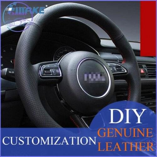 For Audi A7 DIY Hand Sewing Steering Wheel Cover Black Leather Red Thread anti-slip design all season