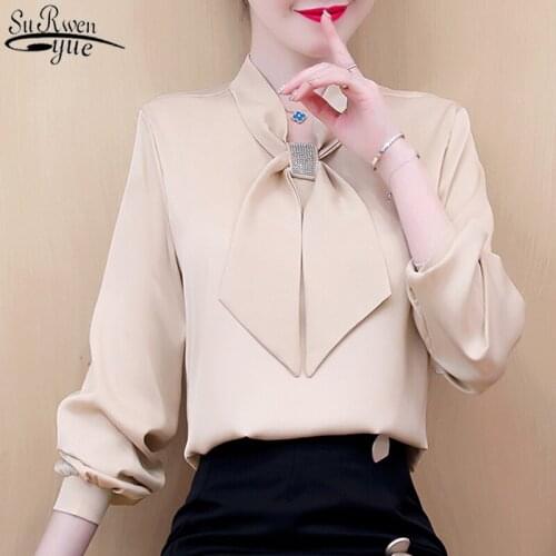 Elegant Women Long Sleeve Blouse Women Blouses Spring Autumn OL Style Shirt 2021 New Fashion Rhinestone Ribbon Tops Blusas 10317