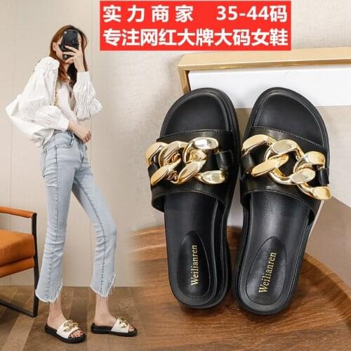 Brand Designer metal chain slippers women 2021 sandals flip flops creepers summer shoes femme thick soled plus size 40-44 slides