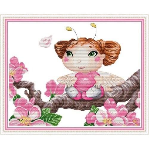 Joy Sunday Cross Stitch Kits Bee Fairy On Peach Tree 11&14CT DIY Needlework Cross Stitch Sets for Embroidery Kits Home Decor