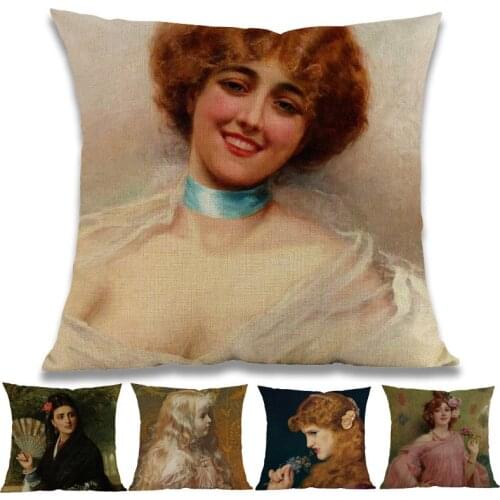 Oil Painting Style Middle Ages Of European Court Noble Girl Lady Vintage woman Pillow Case Home Sofa Decorative Cushion Cover
