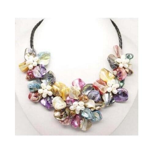 Classic Colourful baroque freshwater pearl shell five flower leather necklace 18"