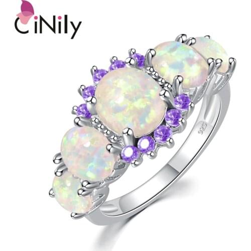 CiNily 5 Colors Luxe Fire Opal Ring Silver Plated Oval Round Stone Finger Ring Blue Full Crystal Vintage Jewelry Gift for Women