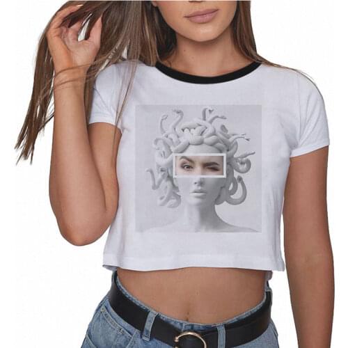 2020 Summer Fashion Harajuku Sexy Tank Crop Top White T Shirt Clothes Women Cute Medusa Print Croptop Gothic Short Sleeve Mujer
