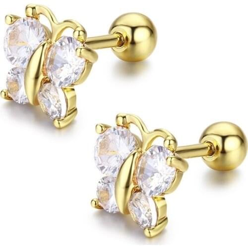Cute Butterfly Cubic Zircon Small Screw Back Stud Earrings For Women Kids Children Baby Girls Gold Color Jewelry Aros Oorbellen