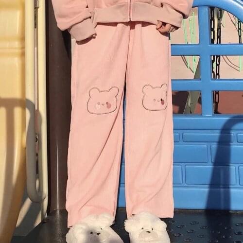 Harajuku Kawaii Corduroy Wide Leg Pants Lolita Soft Girl Pink Cartoon Korean Fashion Cute Trousers Female Oversize