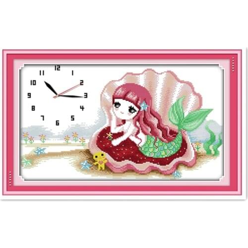 Wall clock cross stitch, Mermaid graceful time beautiful clockwork hand embroidery embroidery furniture decoration paintings