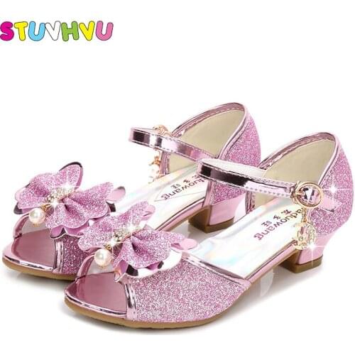2021 Summer New Princess Girls Crystal Shoes High Heels Fish Mouth Children Sandals Sequin Leather Pearl Girls Shoes Kids Sandal