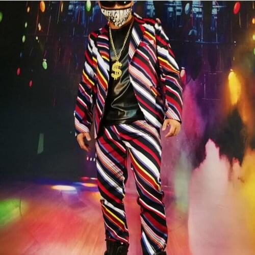 New Male Singer Diagonal Striped Visual Suit Jacket Dj Slim Suits Hip Hop Stage Personality Costume Fashion Casual Blazer Men