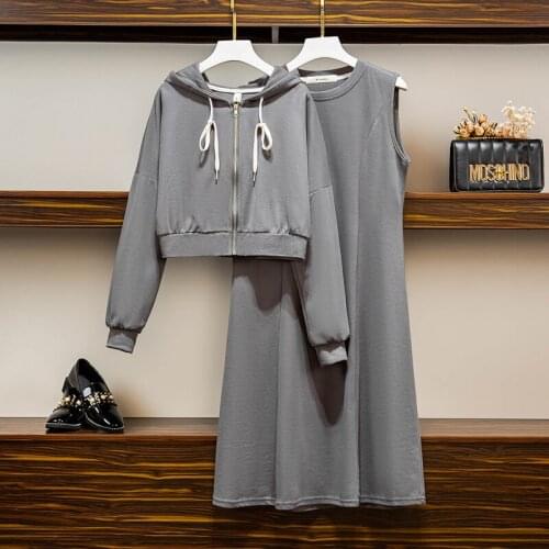 EHQAXIN Autumn Womens Dresses Suit Casual Plus Size Round Neck Vest Long Dress + Hooded Zipper Cardigan Two-Piece Set L-4XL