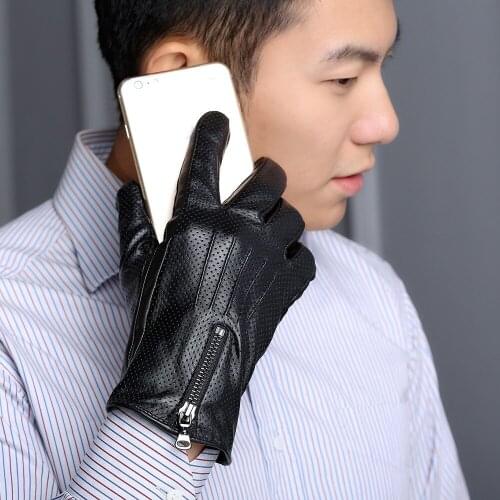 Mens Genuine Leather Gloves Breathable Hole Zipper Style Sheepskin Driving Gloves Male Black Five Finger Winter Thicken 9107