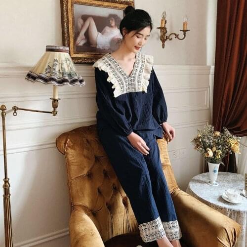Vintage Pure Cotton Womens Pajamas Sets Sweet Female Comfortable Soft Long Sleeve Pyjamas Exquisite Embroidery Sleepwear Suits